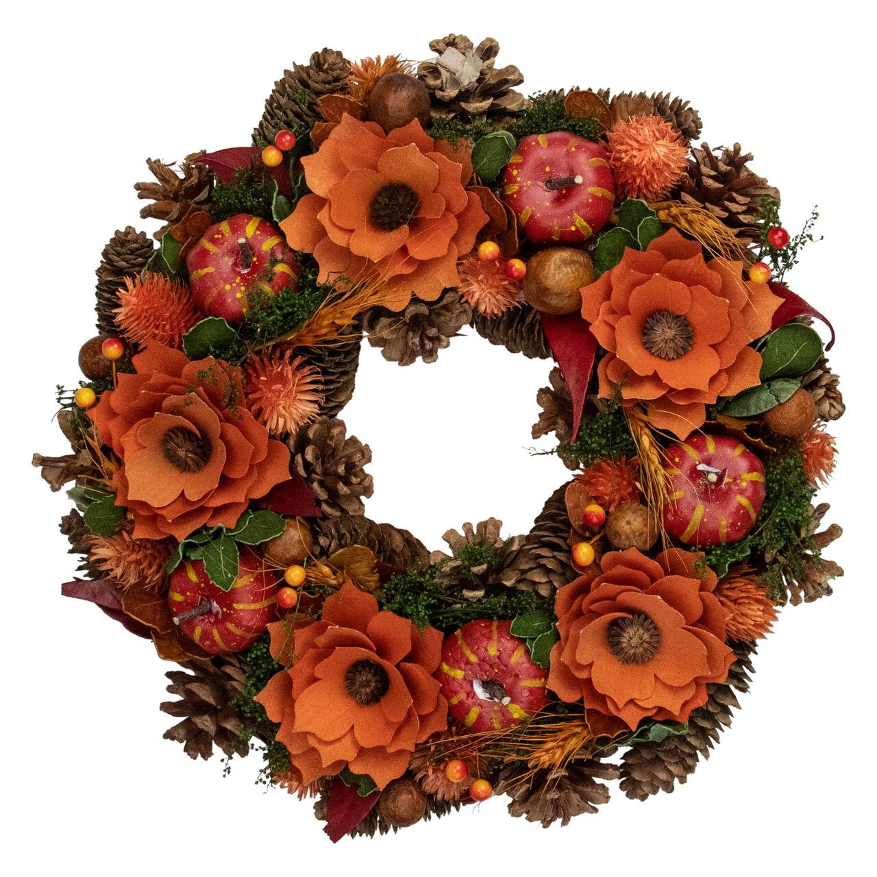 13.25&#x27;&#x27; Unlit Autumn Harvest Orange Flowers and Gourds Pine Cone Wreath